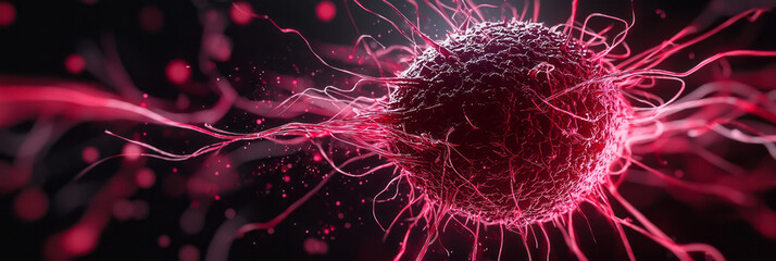 Poster - A medical-meets-sci-fi composition: a red cell gently rotating with swirling, luminescent filaments