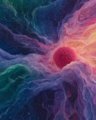 Poster - A vibrant background of swirling blues and purples contrasts the red cell at center, microscopic