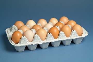 Poster - Variety of eggs arranged in a carton on a simple blue background in a kitchen setting with natural light