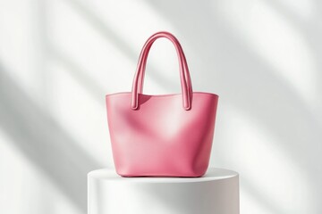Poster - Stylish pink tote bag displayed on a pedestal against a light background in a trendy boutique