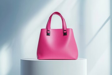 Poster - Stylish pink handbag displayed on a minimalist pedestal in bright indoor setting