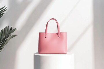 Poster - Stylish pink handbag displayed on a pedestal with soft natural lighting and a minimalist background