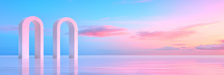 Poster - A crisp, stylized composition focusing on columns and arches angled toward a dreamy lavender sky,