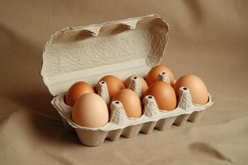 Poster - Fresh brown eggs arranged in a carton on a neutral background for culinary purposes