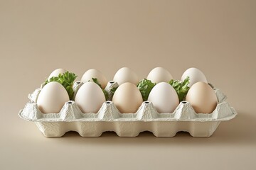 Poster - Fresh and natural chicken eggs arranged in a carton on a neutral background with lettuce accents