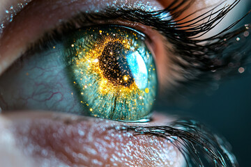 Wall Mural - A close-up of a human eye where the iris is infused with swirling nebula patterns and scattered