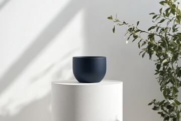 Poster - Dark ceramic bowl displayed on a white pedestal in a sunlit room with greenery