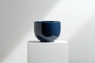 Aufkleber - Elegant navy blue ceramic bowl positioned on a minimalistic pedestal in soft lighting for artistic display