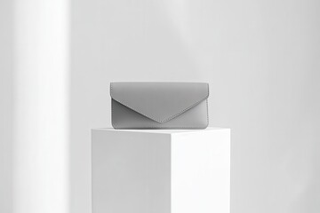Poster - Elegant gray wallet displayed on a minimalistic pedestal in a bright and airy setting