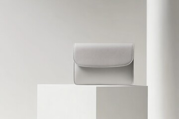 Poster - Stylish gray clutch bag showcased on a minimal pedestal in a modern indoor setting