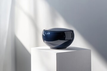 Poster - Elegant round ceramic bowl displayed on pedestal with soft natural light streaming in