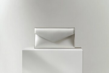 Poster - Modern silver envelope clutch displayed on a minimalist pedestal in a clean, bright studio setting