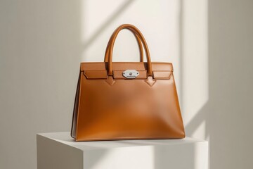 Poster - Luxurious brown handbag showcased on a modern pedestal illuminated by soft natural light