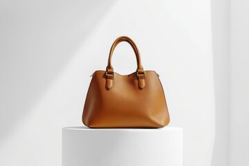 Poster - Elegant brown handbag displayed on a pedestal in bright, minimalistic setting with natural light