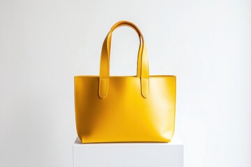 Poster - Bright yellow handbag displayed elegantly on white pedestal for stylish fashion showcase in contemporary setting
