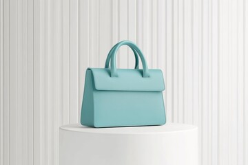 Poster - Elegant turquoise handbag displayed on a pedestal against a minimalist backdrop in a well-lit studio environment