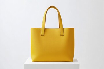 Poster - Vibrant yellow tote bag displayed on a minimalist pedestal in a bright, modern setting