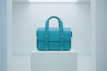 Aufkleber - Stylish turquoise handbag displayed on a pedestal in a minimalist gallery setting