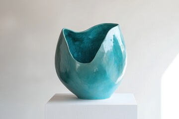 Poster - Unique turquoise ceramic vase displayed on pedestal in art gallery setting with minimalist background