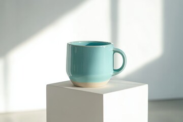 Poster - Beautiful teal ceramic mug on a white pedestal in a well-lit modern space showcasing minimalism and elegance
