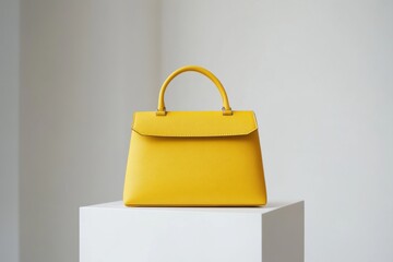 Poster - Stylish yellow handbag displayed on a pedestal against a minimalist background