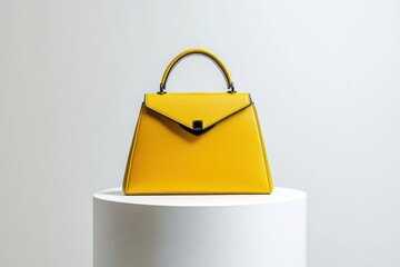 Poster - Stylish yellow handbag displayed on a white pedestal in a modern boutique setting