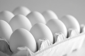 Poster - Fresh white eggs in a cardboard carton arranged in a neat row on a light background
