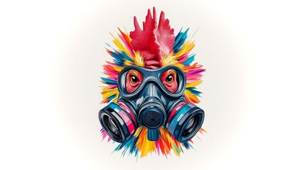 Poster - Colorful chicken wearing a gas mask in a high-contrast digital illustration