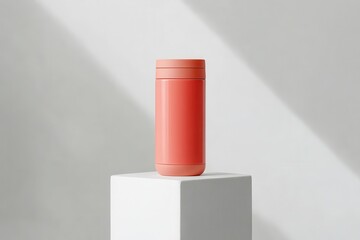 Poster - Modern coral travel mug placed on a minimalist pedestal in soft natural light