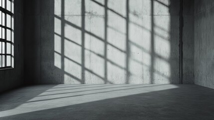 Wall Mural - Sunlight streams through industrial window, casting shadows on concrete wall; empty room