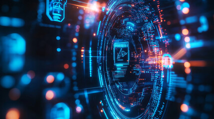 Poster - Circular futuristic digital HUD elements, sci fi ui interface. Vector blue neon heads up display holograms, high-tech components, advanced user interface graphics. Advanced innovation technology