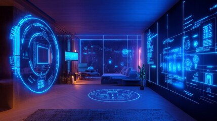 Poster - Circular futuristic digital HUD elements, sci fi ui interface. Vector blue neon heads up display holograms, high-tech components, advanced user interface graphics. Advanced innovation technology
