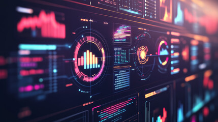 Poster - HUD futuristic user digital screen interface, business technology infographics, big data analysis vector charts and graphs. Head up display dashboard panel with circular diagrams, info bars and boxes