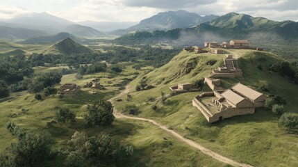 Wall Mural - Aerial view of ancient hilltop settlement, valley, mountains