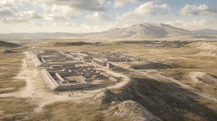 Wall Mural - Ancient City Ruins Aerial View, Hilly Landscape, Archaeological Site, Historical Reconstruction