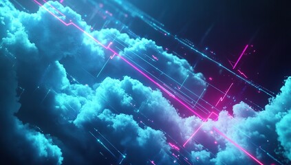 Poster - Neon Lights Streaking Across Clouds: A Digital Dreamscape of Vibrant Hues and Dynamic Lines, Futuristic Technology Meets Atmospheric Beauty