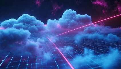 Poster - Lasers Cut Through Neon Cloudscape, Futuristic Grid Network, Synthwave Aesthetic
