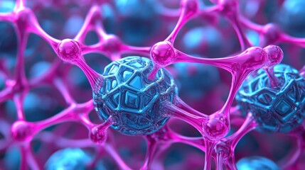 Poster - Intricate molecular meshwork connecting vibrant spheres, futuristic scientific visualization