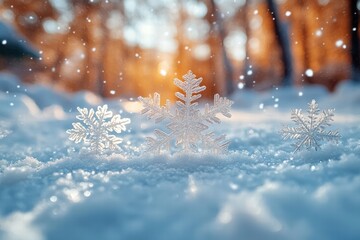 Poster - Close-up view of intricate snowflakes on glass with a dreamy blurred backdrop