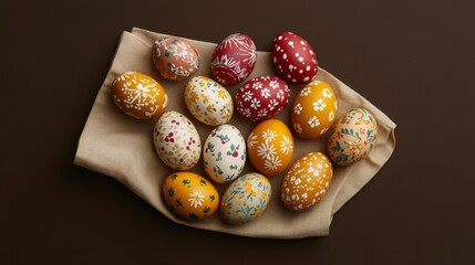 Wall Mural - Top View of Neatly Arranged Painted Easter Eggs on a Fabric Surface