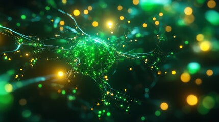 Poster - Luminous network visualizes interconnected neural pathways with vibrant green and gold flares