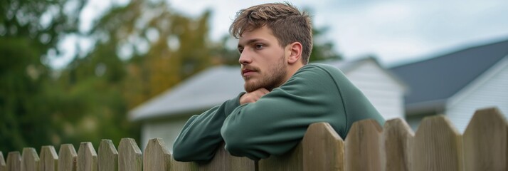 Wall Mural - A man with a beard is leaning against a wooden fence. He is wearing a green sweater and he is looking off into the distance