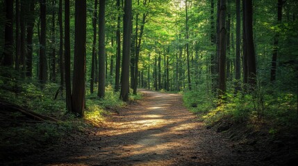 Wall Mural - Inviting forest path through tall trees with dappled sunlight inviting calm exploration and connection with nature