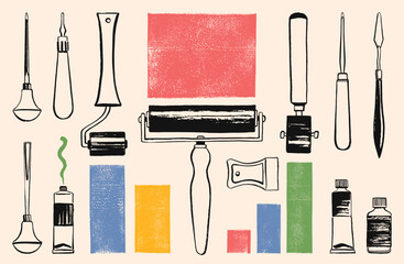 Poster - Linocut relief block printing carving tools illustrations set. Rectangle textured lino textures, text boxes. Ink brush hand drawn rubber paint rollers brayers cutters. Poster tutorial ad template.
