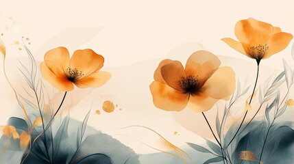 Elegant abstract art background with golden flower line art, botanical leaves, organic shapes, and watercolor, ideal for luxury minimal design and packaging.