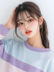 Wall Mural - Cute Japanese girl model wearing a pastel blue and purple striped long-sleeved T-shirt, with her hair in a ponytail with bangs, hand on head pose, wearing earrings, against a white background