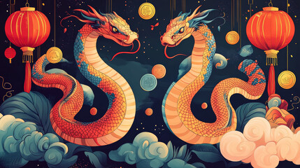 Wall Mural - Snakes with ornaments on Chinese Lunar New Year banners. Vector paper cut lunar calendar zodiac snakes with cartoon Chinese New Year holiday red lanterns, gold lucky coins and clouds, scroll and waves