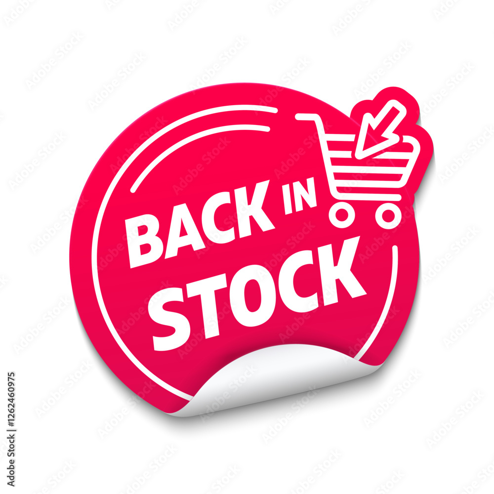 Sticker «back in stock». Sale label with shopping cart. Promotion ...