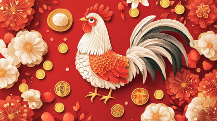 Wall Mural - Chinese New Year greeting card with round badge of rooster, lantern, fortune coin, dragon, god of wealth, mandarin orange, firework, gold ingot, dumpling and fan with wishes paper scroll in the center