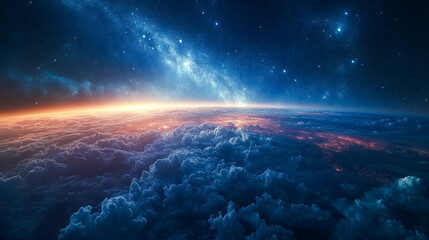 Wall Mural - Stunning View of Stars and Milky Way Above Earth Glow at Night from Space Showing Cloud Formations and City Lights, Perfect for Inspirational and Educational Purposes
